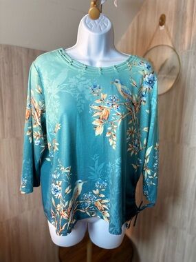 Alfred Dunner Teal Floral & Bird Boatneck Long Sleeve Top